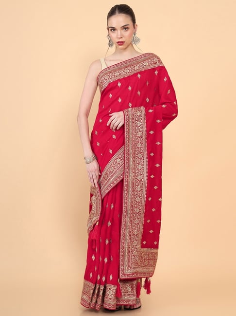 Soch Red Embroidered Saree With Unstitched Blouse