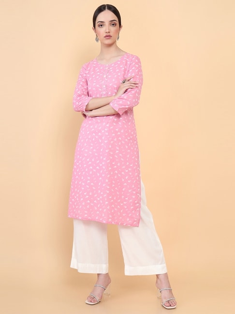 Soch Pink Cotton Printed Straight Kurta Price in India