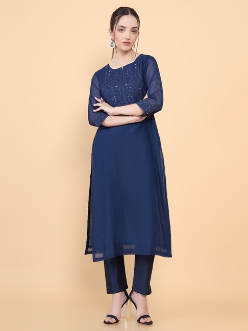 Soch Navy Embroidered Straight Kurta Price in India