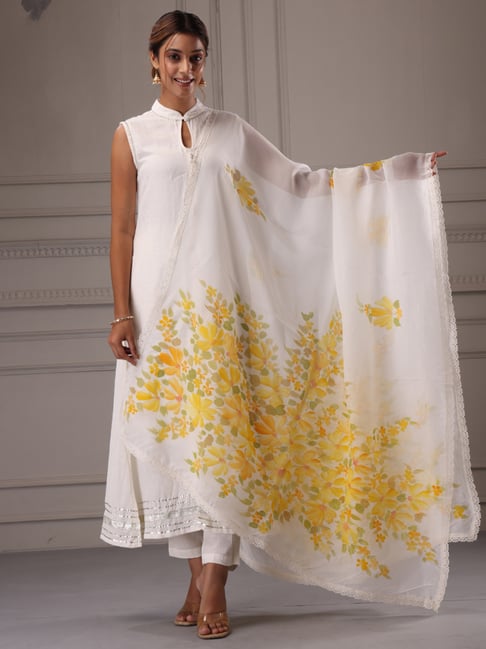 Geroo Jaipur Off-White Hand Painted Organza Dupatta With Crochet Lace
