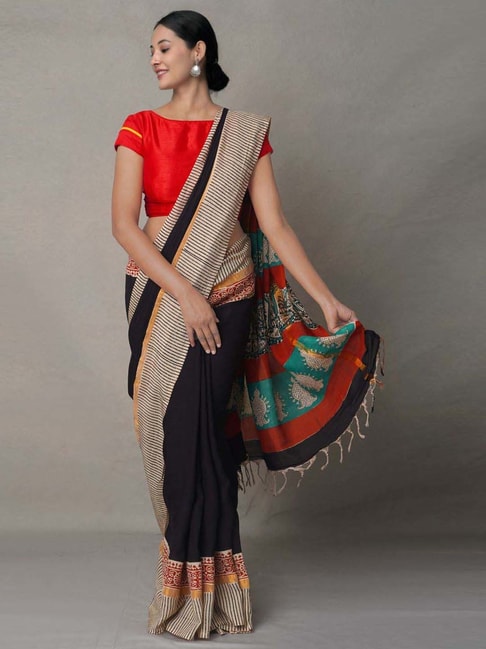 Unnati Silks Black Silk Saree With Unstitched Blouse Price in India