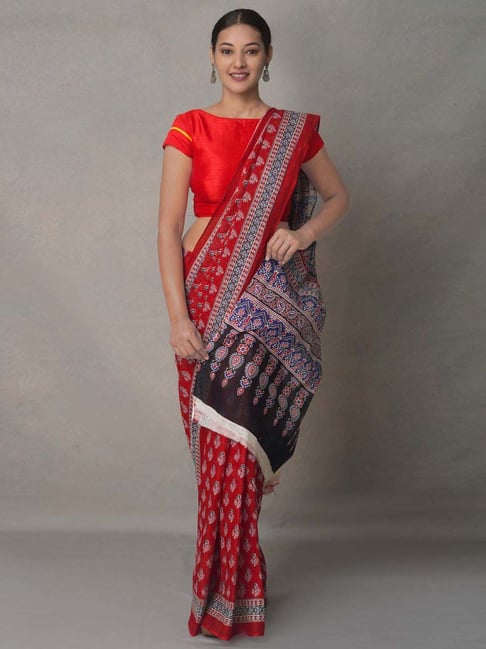 Unnati Silks Red Cotton Printed Saree With Unstitched Blouse Price in India