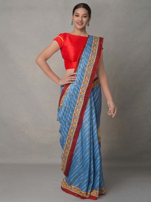 Unnati Silks Blue Cotton Printed Saree With Unstitched Blouse Price in India