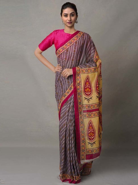 Unnati Silks Purple Cotton Printed Saree With Unstitched Blouse Price in India