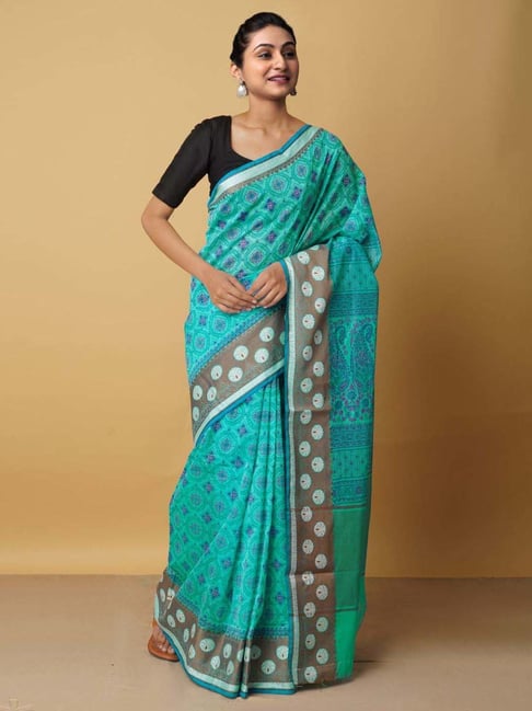 Unnati Silks Green Cotton Printed Saree With Unstitched Blouse Price in India