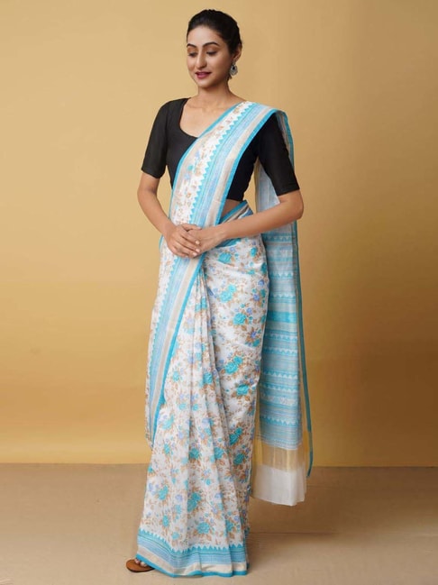 Unnati Silks White Cotton Printed Saree With Unstitched Blouse Price in India