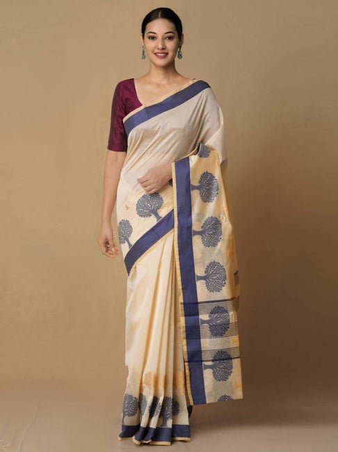 Unnati Silks Brown Cotton Woven Saree With Unstitched Blouse Price in India