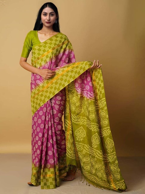 Unnati Silks Pink Silk Printed Saree With Unstitched Blouse Price in India