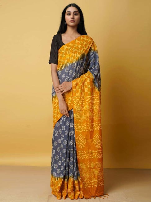 Unnati Silks Navy Silk Printed Saree With Unstitched Blouse Price in India