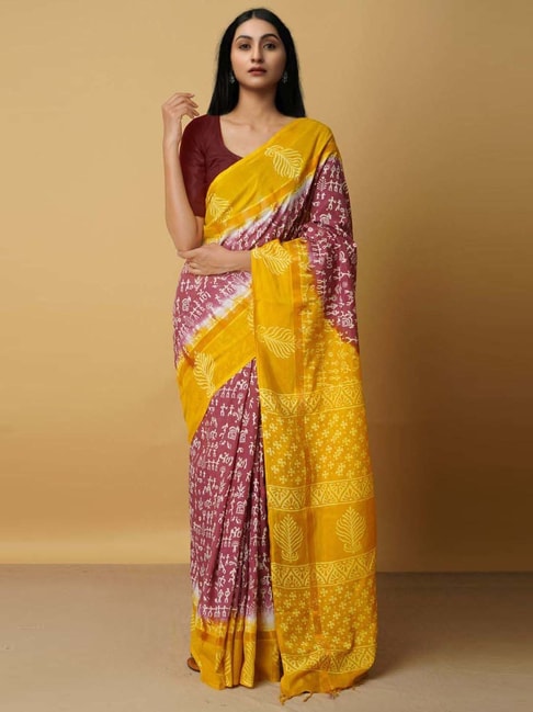 Unnati Silks Maroon Silk Printed Saree With Unstitched Blouse Price in India