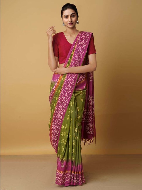 Unnati Silks Green Silk Printed Saree With Unstitched Blouse Price in India