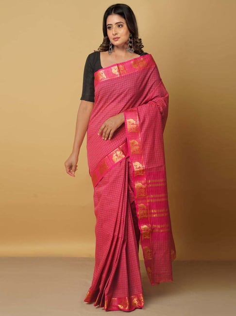 Unnati Silks Pink Cotton Woven Saree With Unstitched Blouse Price in India