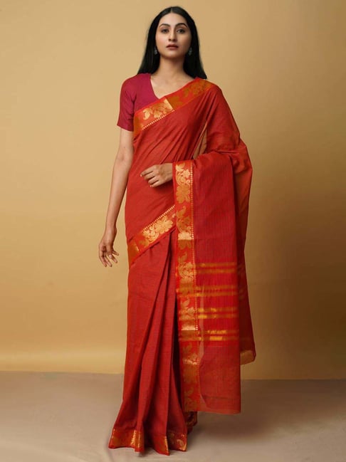 Unnati Silks Maroon Cotton Woven Saree With Unstitched Blouse Price in India