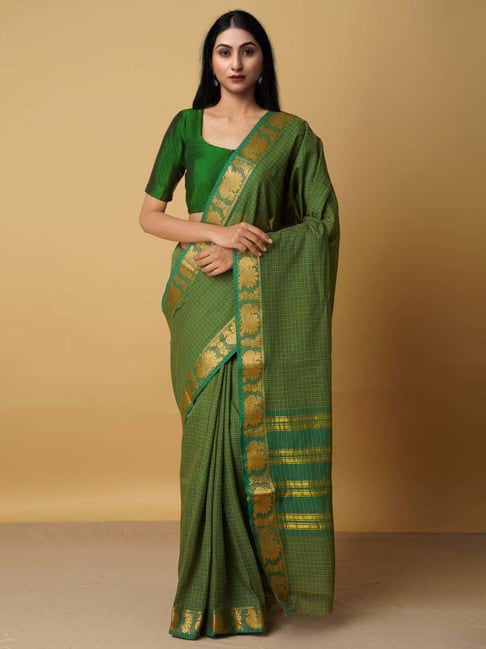 Unnati Silks Green Cotton Woven Saree With Unstitched Blouse Price in India