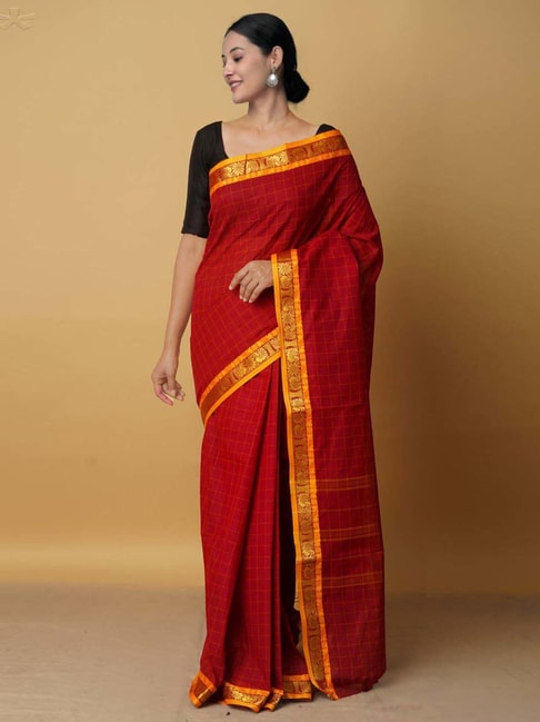 Unnati Silks Maroon Cotton Woven Saree With Unstitched Blouse Price in India
