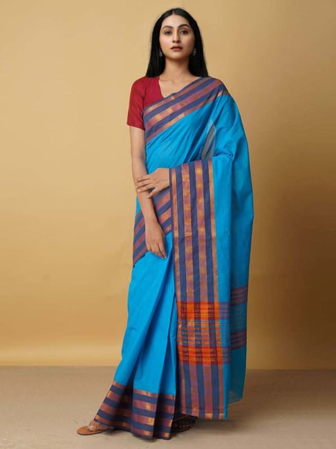 Unnati Silks Blue Cotton Woven Saree With Unstitched Blouse Price in India