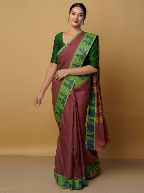 Unnati Silks Brown Cotton Woven Saree With Unstitched Blouse Price in India