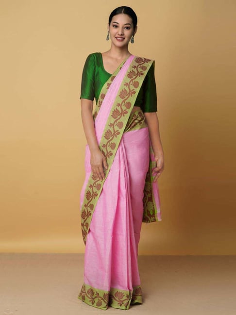 Unnati Silks Pink Cotton Woven Saree With Unstitched Blouse Price in India