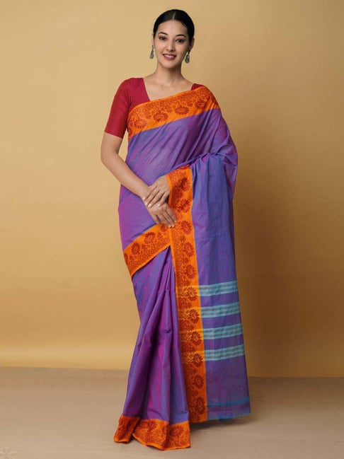 Unnati Silks Purple Cotton Woven Saree With Unstitched Blouse Price in India