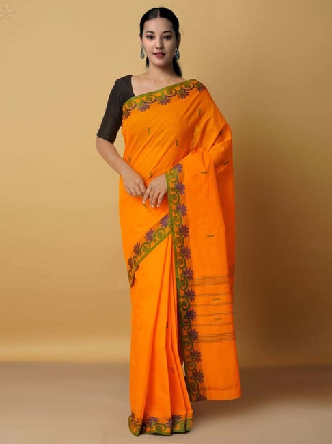 Unnati Silks Orange Cotton Woven Saree With Unstitched Blouse Price in India