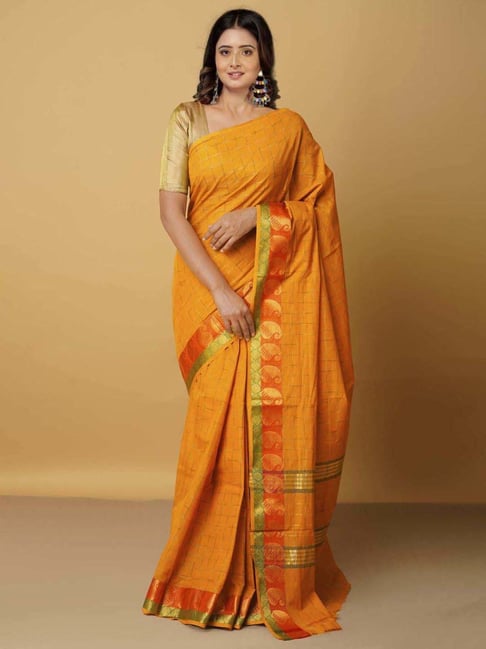 Unnati Silks Yellow Cotton Woven Saree With Unstitched Blouse Price in India