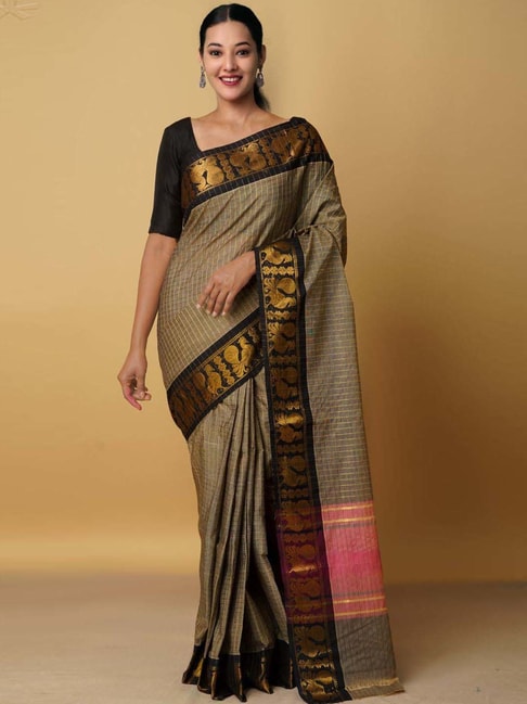 Unnati Silks Grey Cotton Woven Saree With Unstitched Blouse Price in India