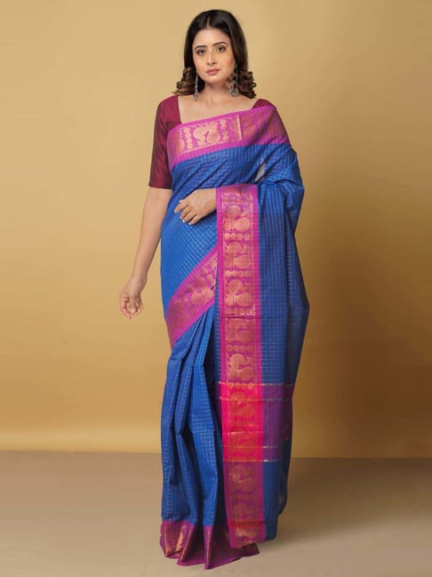 Unnati Silks Blue Cotton Woven Saree With Unstitched Blouse Price in India