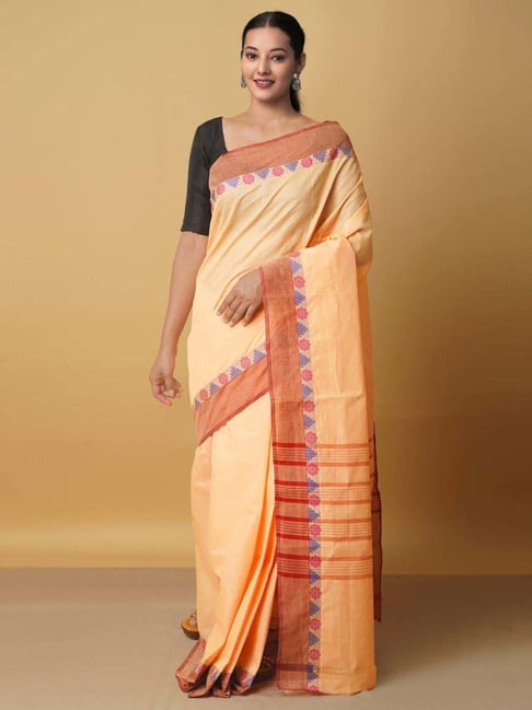 Unnati Silks Orange Cotton Woven Saree With Unstitched Blouse Price in India