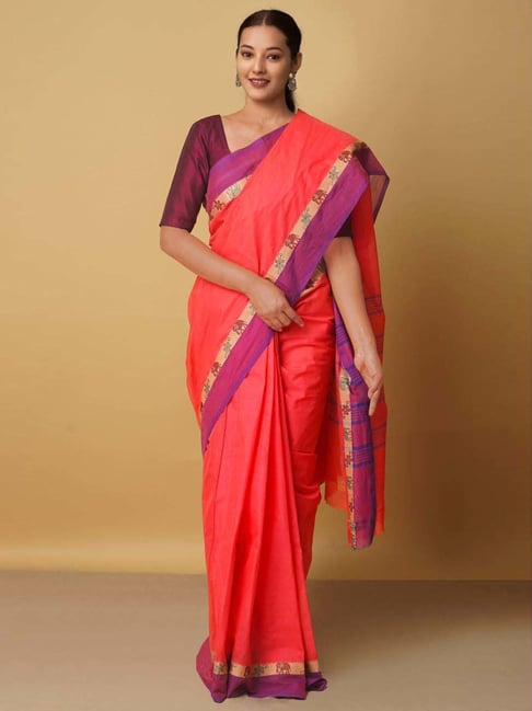 Unnati Silks Red Cotton Woven Saree With Unstitched Blouse Price in India