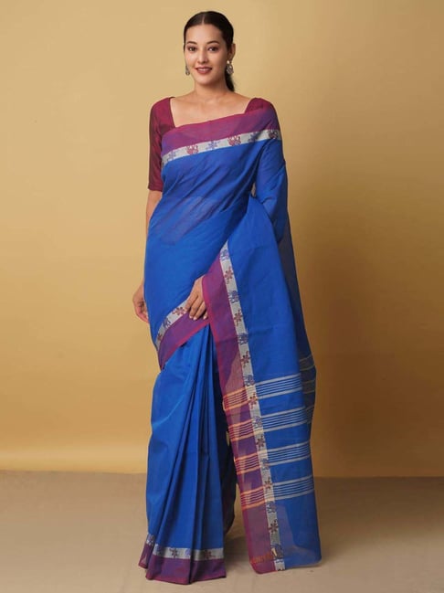 Unnati Silks Blue Cotton Woven Saree With Unstitched Blouse Price in India