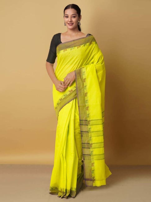 Unnati Silks Green Cotton Woven Saree With Unstitched Blouse Price in India