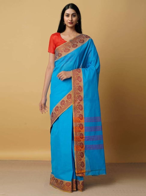 Unnati Silks Blue Cotton Woven Saree With Unstitched Blouse Price in India