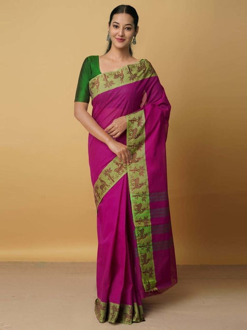 Unnati Silks Pink Cotton Woven Saree With Unstitched Blouse Price in India