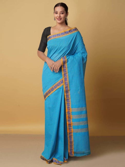 Unnati Silks Blue Cotton Woven Saree With Unstitched Blouse Price in India