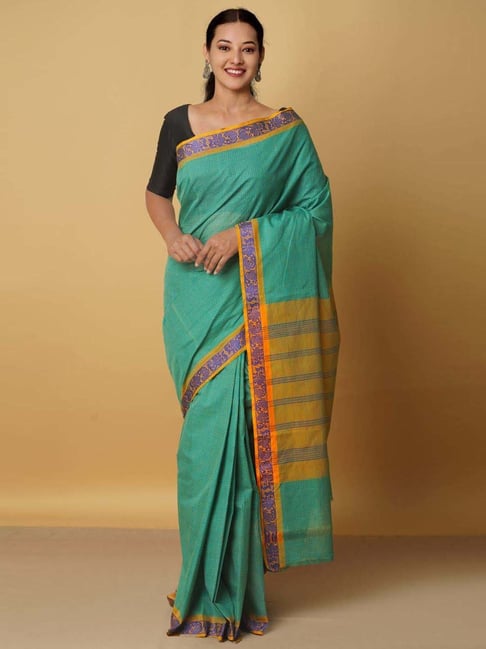 Unnati Silks Green Cotton Woven Saree With Unstitched Blouse Price in India