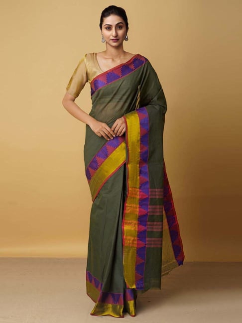 Unnati Silks Green Cotton Woven Saree With Unstitched Blouse Price in India