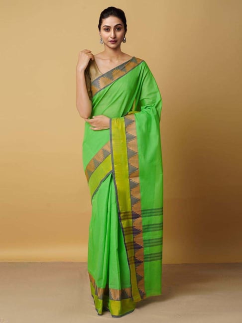 Unnati Silks Green Cotton Woven Saree With Unstitched Blouse Price in India