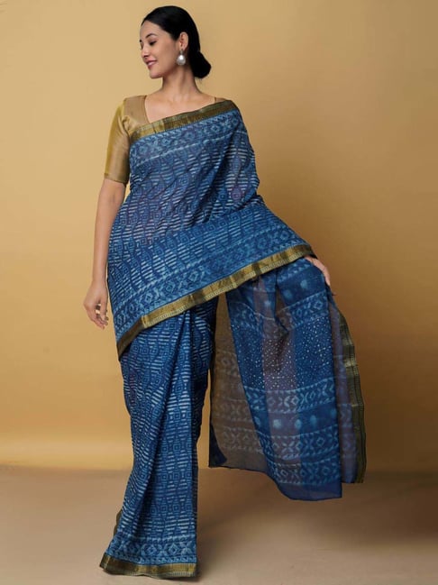 Unnati Silks Navy Cotton Printed Saree With Unstitched Blouse Price in India