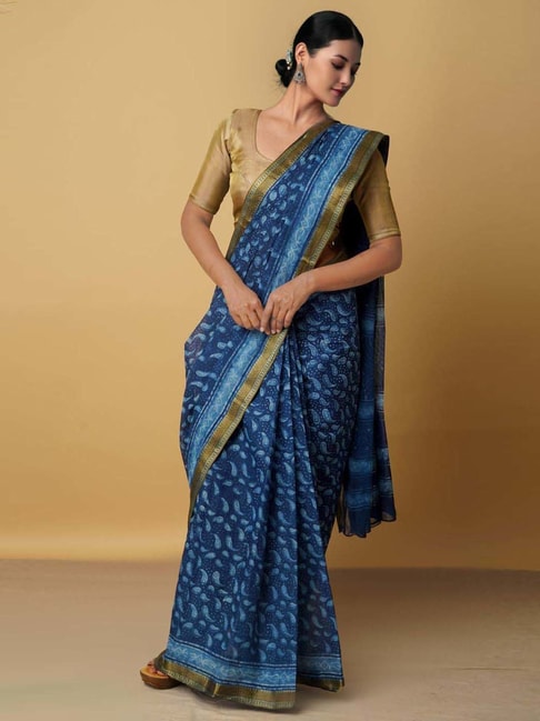 Unnati Silks Navy Cotton Printed Saree With Unstitched Blouse Price in India