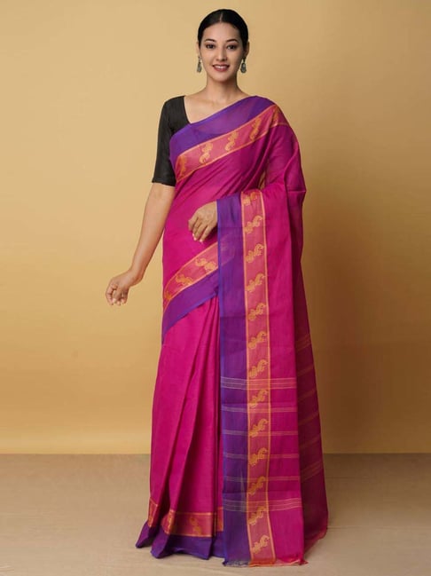 Unnati Silks Pink Cotton Woven Saree With Unstitched Blouse Price in India