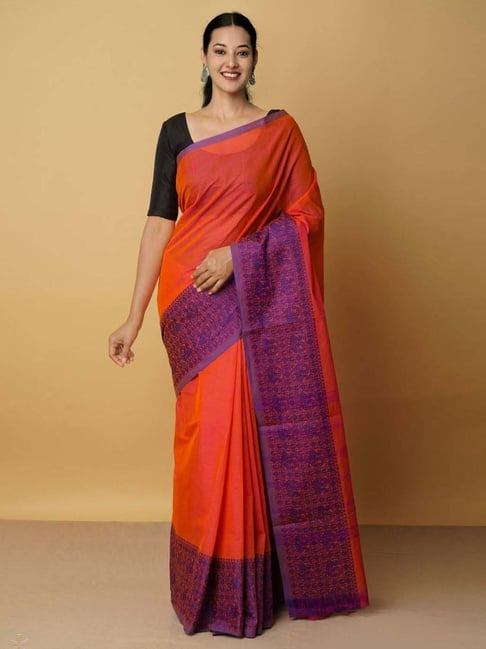 Unnati Silks Orange Cotton Woven Saree With Unstitched Blouse Price in India