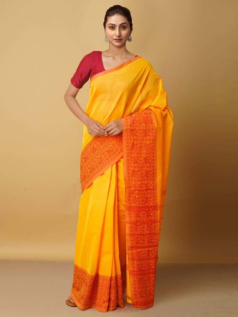 Unnati Silks Orange Cotton Woven Saree With Unstitched Blouse Price in India