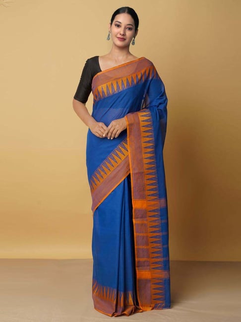 Unnati Silks Blue Cotton Woven Saree With Unstitched Blouse Price in India