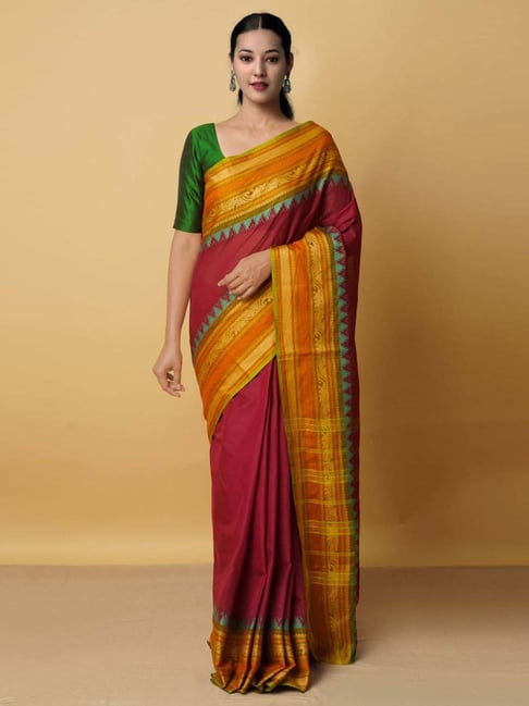 Unnati Silks Maroon Cotton Woven Saree With Unstitched Blouse Price in India