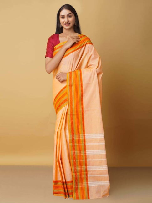 Unnati Silks Orange Cotton Woven Saree With Unstitched Blouse Price in India