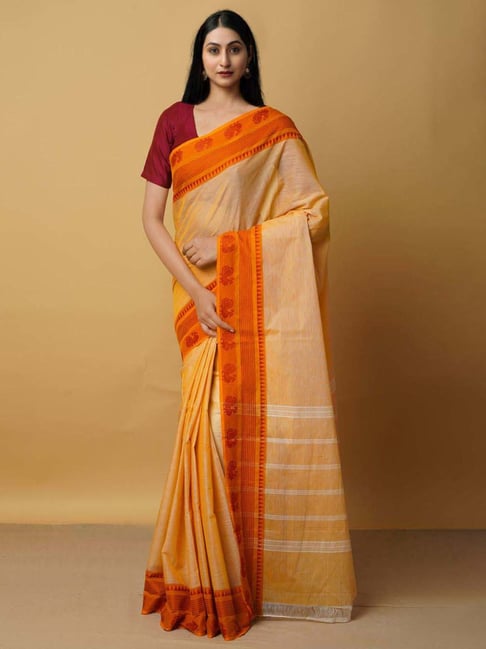 Unnati Silks Orange Cotton Woven Saree With Unstitched Blouse Price in India