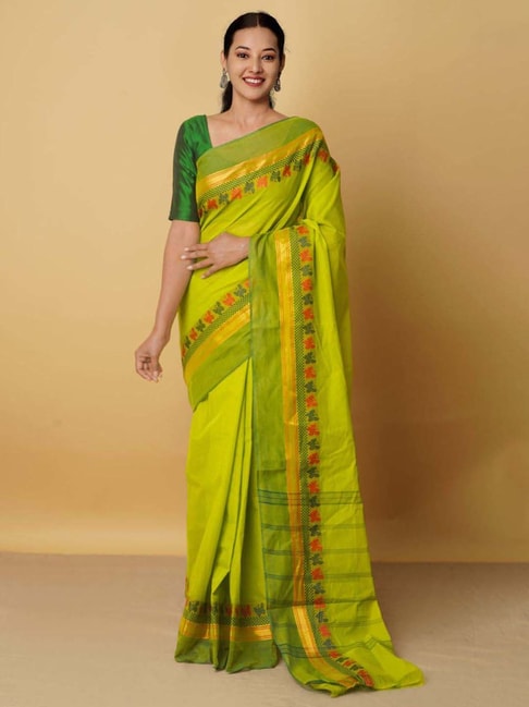 Unnati Silks Green Cotton Woven Saree With Unstitched Blouse Price in India