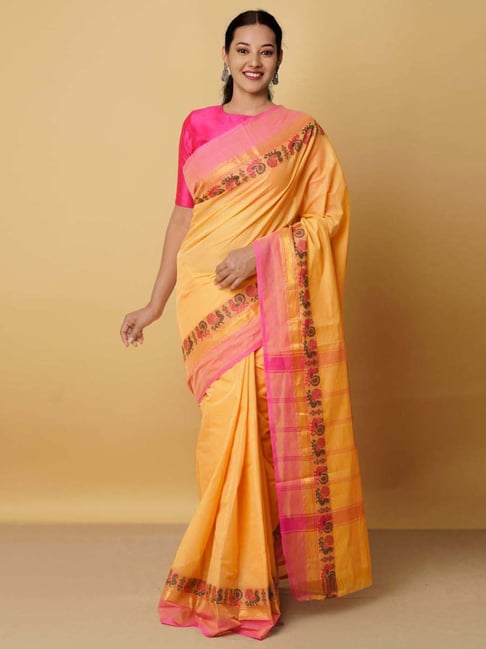 Unnati Silks Orange Cotton Woven Saree With Unstitched Blouse Price in India