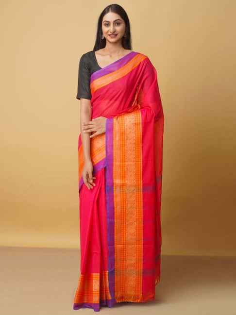 Unnati Silks Pink Cotton Woven Saree With Unstitched Blouse Price in India