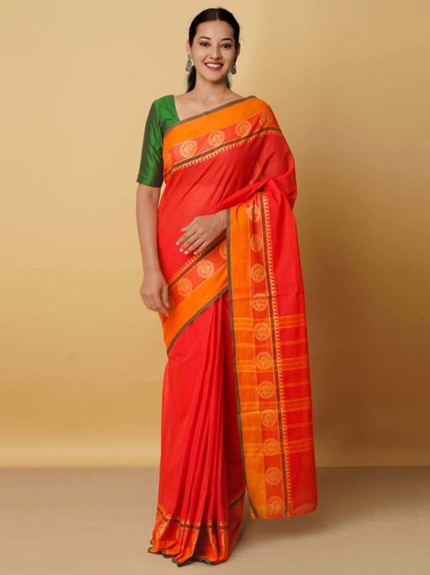 Unnati Silks Red Cotton Woven Saree With Unstitched Blouse Price in India